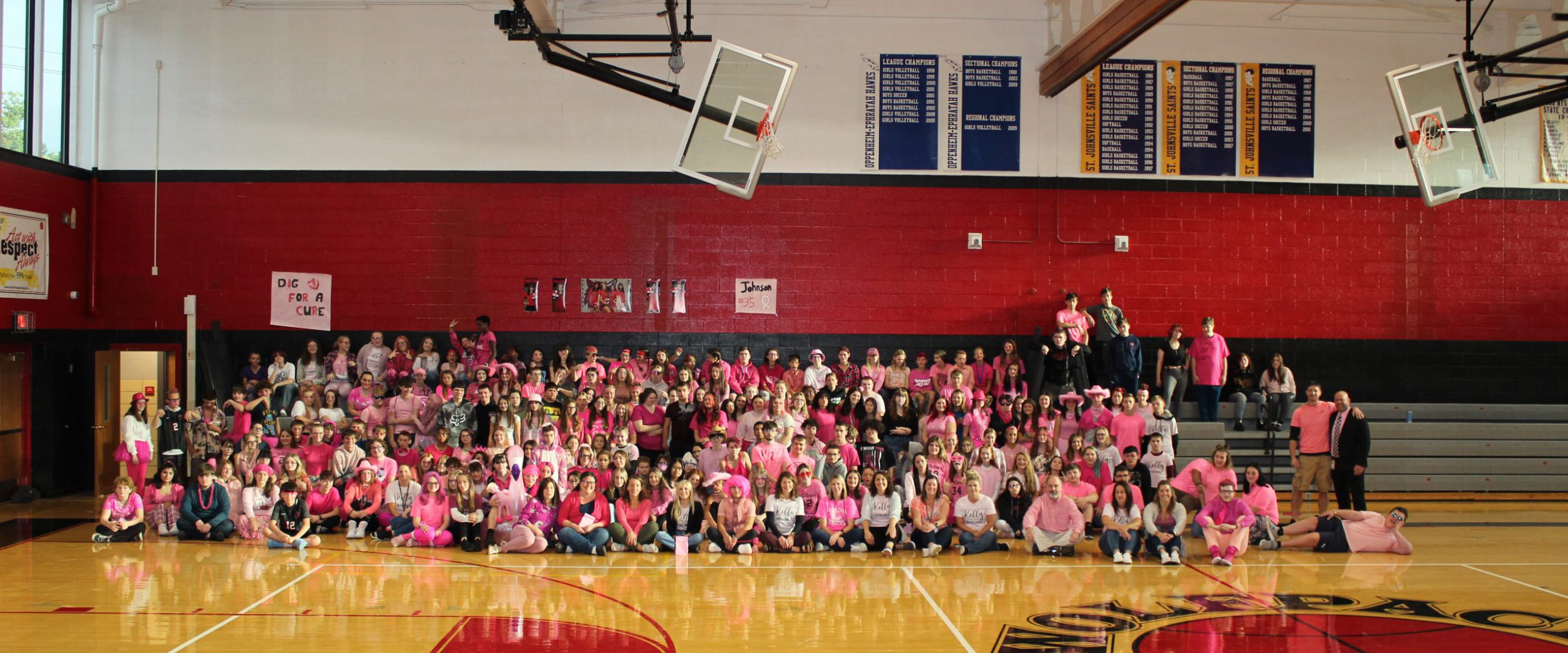 The OESJ volleyball program would like to thank the community and classmates for showing their support for a great cause. The OESJ student body alone donated $439.00 with a total of $931.00 going to The Sideout Foundation. The support in school for the pink out and game was amazing. We thank you for your support!