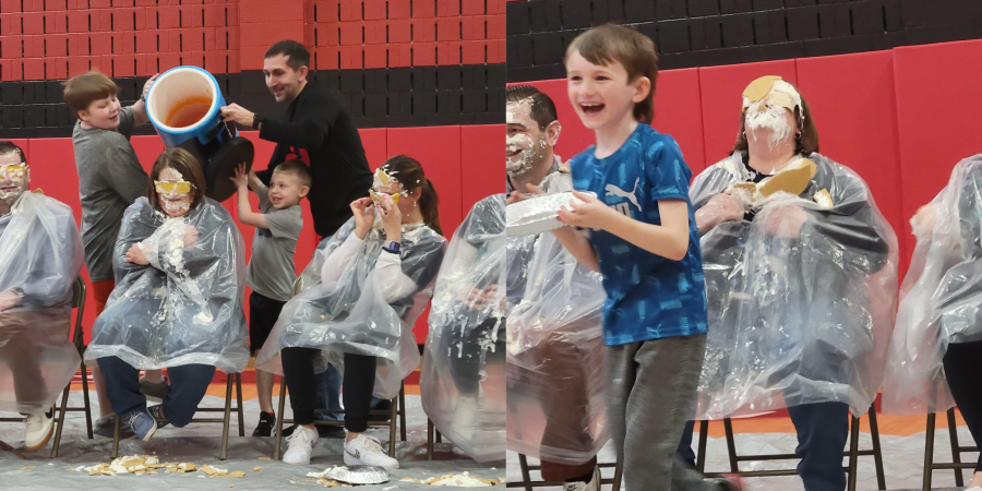 Teachers getting a gatorade shower and pie smooshed in their face by students during a fundraiser for heart month.